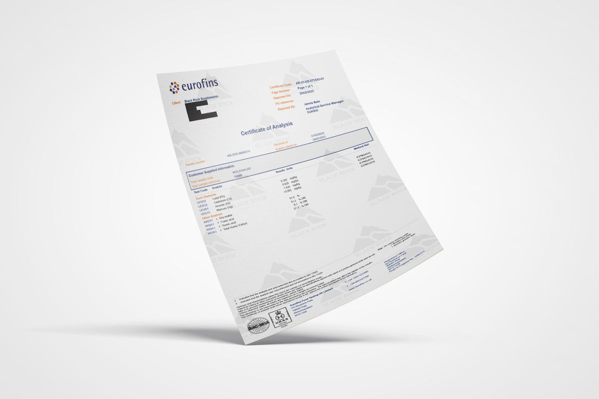 Eurofins certificate of analysis for Black Rock Shilajit resin