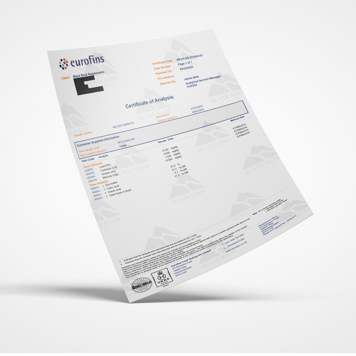 Eurofins Certificate of Analysis AR-25-UD-075543-01, shown full size